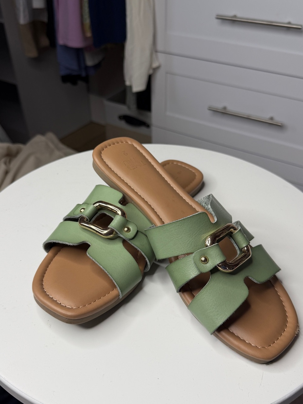 Time and Tru Green Slide Sandals with Gold Buckles